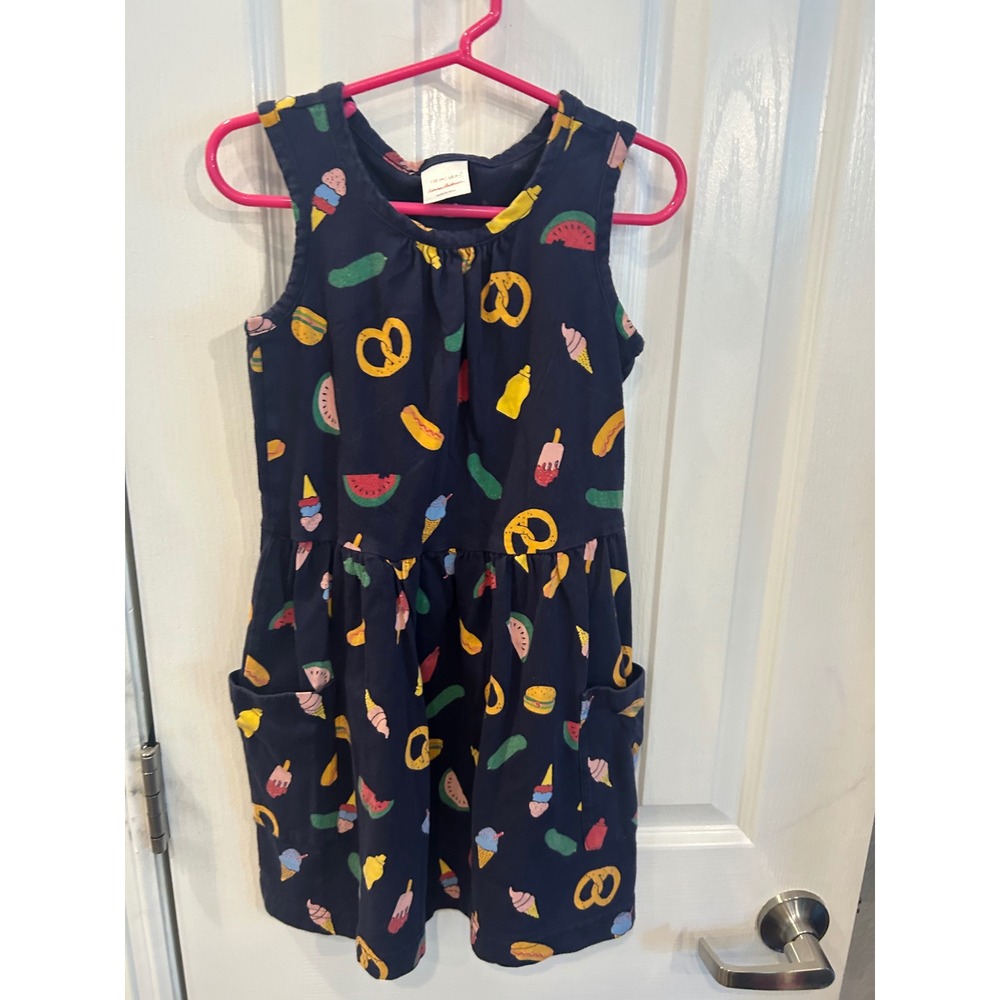 Hanna Andersson Pocket Dress Navy Picnic Print Hot Dog Pretzel Summer Play 6-7
